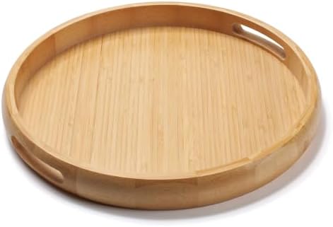 11.8" Round Bamboo Tray with Handles, Wood Serving Tray, Decorative Tray by XIMISISE