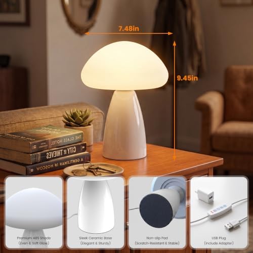 Mushroom Lamp, 3 Color Modes Stepless Dimmable Table Lamp, Retro Ceramic Base Bedside Lamp, Decorative Lamp for Bedroom, Nursery, Nightstand (White) - Image 7