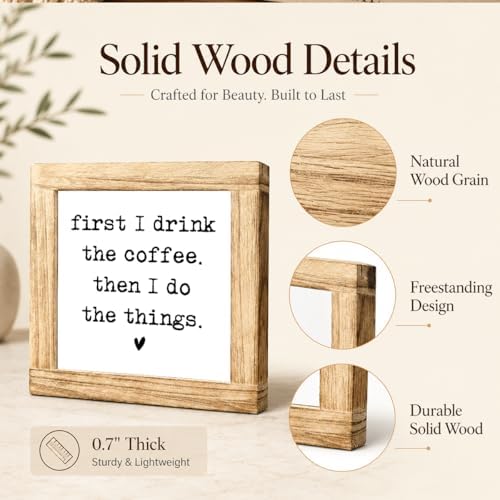 Funny Coffee Sign For Kitchen, Coffee Lover Wooden Block Decor, Farmhouse Counter Display Accent, Cute Coffees Saying Shelf Sitter For Breakfast Nook Cafe Area Home Office, 5.9 x 5.9 in - Image 6