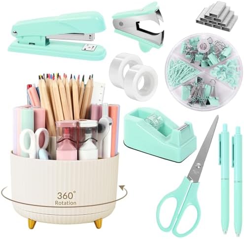 SKYDUE Teal Office Supplies Set, Office Desk Accessories 10Pcs, Pencil Holder for Desk, Stapler, Tape Dispenser, Scissors, Clips and 1000pcs Staples, School Supplies for Teacher by SKYDUE