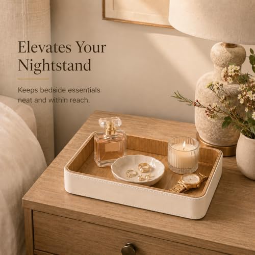 GORESE Rectangle Perfume Tray for Dresser, PU Leather Jewelry Tray for Vanity, Cream White & Wooden - Image 4