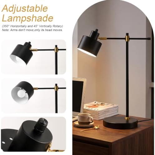 OYEARS 22.2" Modern Desk Lamp, Metal Table Lamp with LED Bulb, Adjustable Reading Lamps for Living Room, Mid Century Task Lamp for Home Office, Industrial Bedside Lamps with Solid Base,Black - Image 2