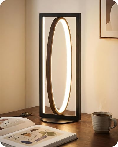 Modern LED Table Lamp, Dimmable Minimalist Bedside Lamp, 3 Color Temperatures, Angle Adjustable, Cute Desk Lamp, Nightstand Lamp for Living Room, Bedroom, Office, Black and Walnut K62TL05 by GOEBLESON