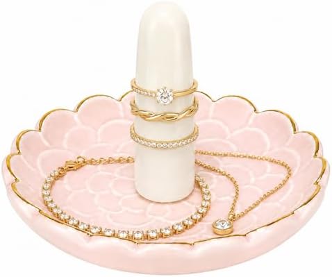 Ceramic Ring Dish Jewelry Tray, Pink Lotus Flower Jewelry Holder with Gold Rim, Decorative Ring Holder for Earrings, Necklace, Bracelet, Vanity, Nightstand, Dresser, Bathroom Counter by bwszrosamatchawhiskset