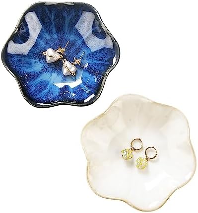 2PCS Lotus Leaf Shape Ring Holder Dish, Small Key Bowl, Ceramic Trinket Tray Jewelry Dish Organizing Necklace Earrings for Mom Friend Sister, All Jewelries Are NOT Included.White+Deep Blue. by JAMEND+CLXP