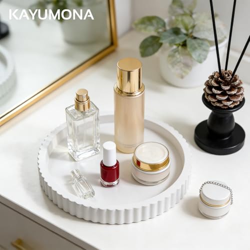 Modern Decorative Tray for Coffee Table, 11" Wooden White Round Small Decor Tray for Candle, Perfume, Vanity, Kitchen Island Counter & Table Centerpiece - Image 6