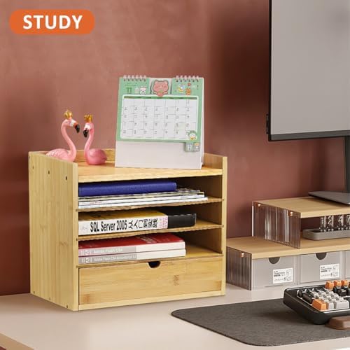 KKTONER 5-Tier Bamboo Desk Organizer with Drawer Tabletop File Organizer Document Holder with Shelf Desktop Cabinet for Home Office School Supplies (Natural) - Image 7