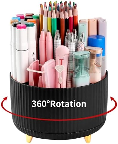 Desk Pencil Pen Holder, 5 Slots 360°Degree Rotating Pen Organizers for Desk, Desktop Storage Stationery Supplies Organizer, Cute Pencil Cup Pot for Office, School, Home, Art Supply, Black by EDENMS
