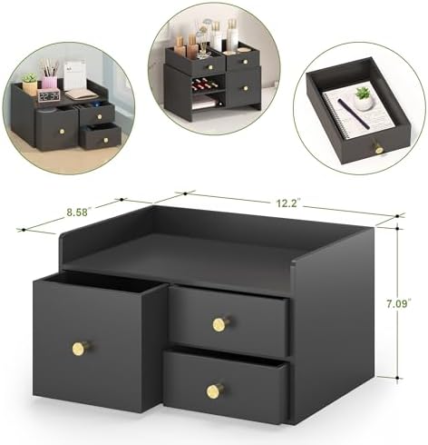 Bamboo Desk Organizer - Stackable, No Assembly Required, Ideal for Office/Home Use - Perfect for Toiletries, Stationery, Accessories. (Black, Square drawer to the left of the fence) - Image 2