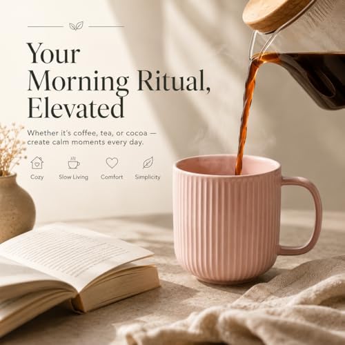Ribbed Ceramic Coffee Mug Set of 4 – 9oz Minimalist Mugs for Coffee, Tea & Matcha | Microwave & Dishwasher Safe | Blush Pink, Sage Green, White, Charcoal Gray - Image 4