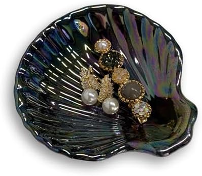 Shell Jewelry Dish Tray, Ceramic Trinket Tray Clamshell Jewelry Organizer Dish, Ring Holder Dish Room Decor, Mother's Day Valentine's Friendship Christmas Birthday Gifts for Women (Multicolor Black) by GO2HEJING