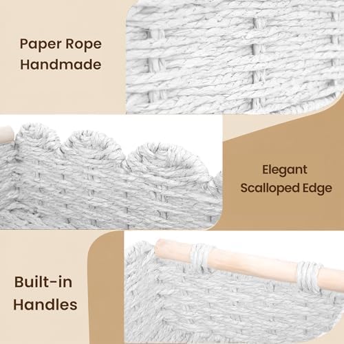 iEGrow Paper Rope Small Storage Baskets for Organizing, Set of 2 Scalloped Edge Wicker Basket with Wooden Handles Toilet Paper Basket for Over Toilet Storage Shelf, Home Decor, Living Room (White) - Image 5