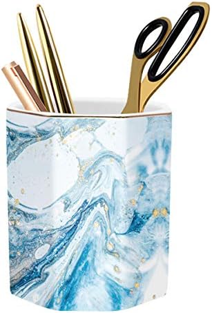 Pen Holder, Pencil Holder for Desk Marble Pattern Pencil Cup for Girls Kids Durable Ceramic Desk Organizer Makeup Brush Holder for Office, Classroom, Home, Blue Marble by WAVEYU