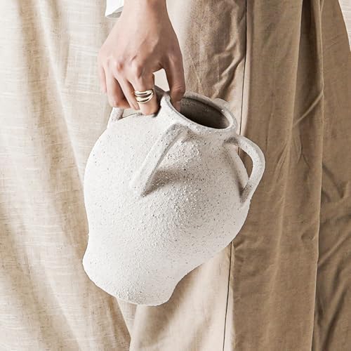 White Ceramic Vase with 4 Handles, 8.8 Inch, Farmhouse Rustic by LETAUCIGARDEN
