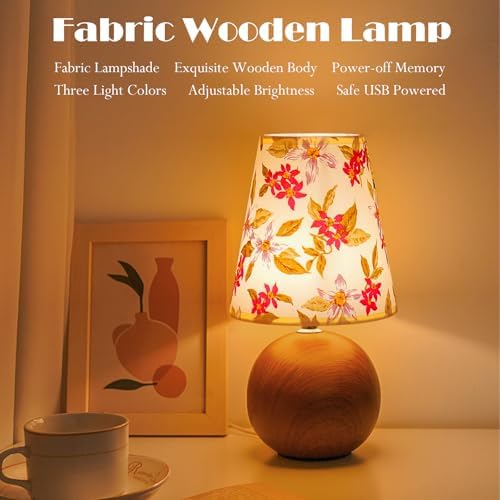Vintage Wooden Night Lamp, Wood Base Fabric Lampshade, Adjustable Light Color and Brightness with Power-Off Memory, Safe USB Powered, Retro LED Table Light for Bedroom Living Room Office (Red Flowers) - Image 2