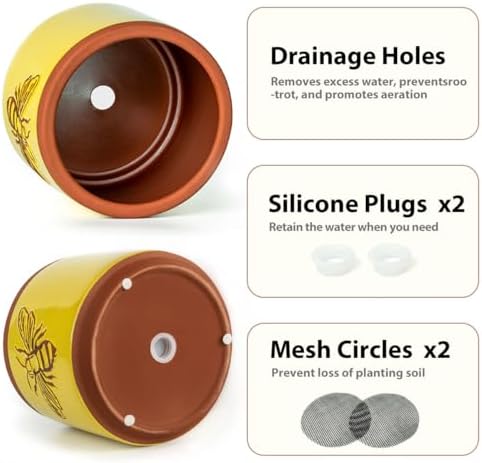 YBX Terracotta Pots Inch with Drainage Holes, Bee Decor, Ceramic Pots for Indoor Plants Flower Pots Outdoor, Succulent, Herbs, Snake Plants (Yellow, 6+4 Inch) - Image 3