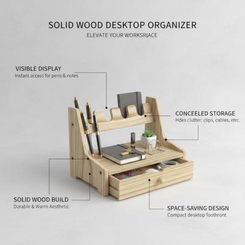 Solid Wood Desktop Organizer with Drawer, Compact Desk Caddy for Pens & Accessories, Space-Saving Display Rack for Home Office (Brown) - Image 4