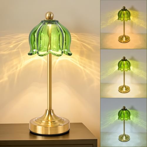 Small Tulip Cordless Table Lamp, LED Touch Accent Lamp with Amber Glass Shade, Dimmable Vintage Table Lamps for Bedroom, Kitchen, Nightstand, Restaurant by Unknown