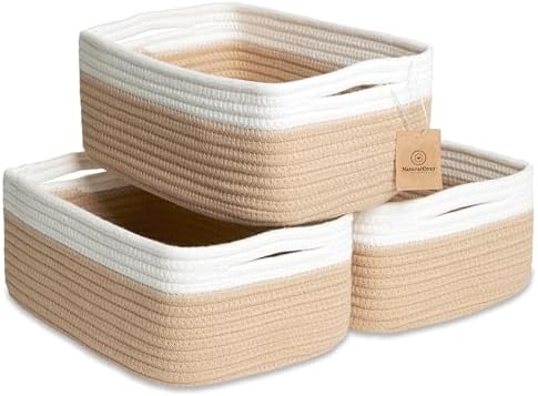 NaturalCozy 11.8"x8"x4.5” Storage Baskets for Shelves 3 Pack | Cotton Rope Woven Small Baskets for Organizing | Small Storage Bins for Nursery, Bathroom, Closet, Cube Shelf, Decorative, Gift Basket by NaturalCozy