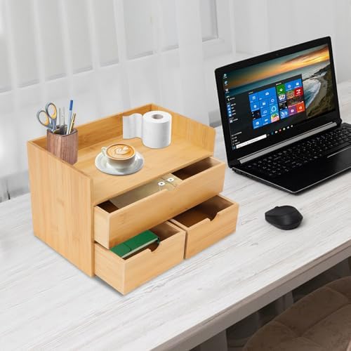 Premium Natural Bamboo Desktop Organizer, Attractive Design 3 Tier, Table Top Storage for Documents & Office Supplies, Accessories And More, No Assembly Required (3 Drawer with Shelf) - Image 2
