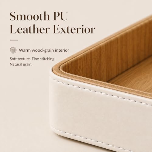 GORESE Rectangle Perfume Tray for Dresser, PU Leather Jewelry Tray for Vanity, Cream White & Wooden - Image 7