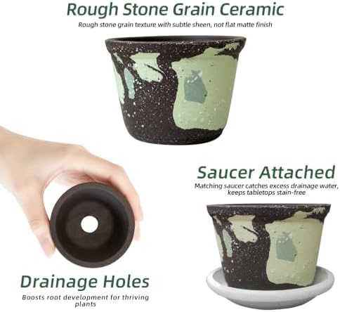 2.6 Inch Mini Ceramic Planter Pot with Drainage Hole and Saucer, Round Flower Pot for Indoor Plants, Cactus Herbs Windowsill Decor(Brown&Green) - Image 3