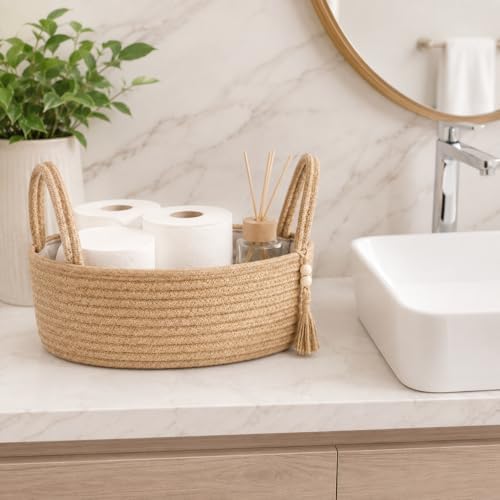 ABenkle Small Storage Basket, Jute Rope Woven Toilet Paper Tray Organizer for Toilet Tank Top, Boho Bathroom Decor Holder for Shelf Bedroom Living Room -13x6x4 Inches - Image 5