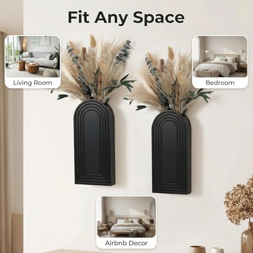 Set of 2 Wooden Wall Vases with Dried Pampas Grass & Eucalyptus, Boho Farmhouse Decor for Living Room, Entryway, Bathroom, Rustic Home Art(Black) - Image 4