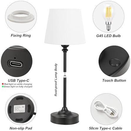 Kakanuo Cordless Table Lamp Rechargeable Black - 1 Pack 4000mAH Battery Operated Lamp for Decor, 3000K Stepless Dimming Touch Control Wireless Lamp for Bedroom, Dining Table, Kitchen, Living Room - Image 6