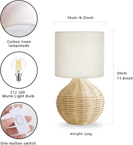 Rattan Table Lamp, Boho Farmhouse Style, Cotton Linen Lamp Shade, 6.2×6.2×11.8 Inch Small Table Lamp, with E12 LED Warm Light Bulb - Image 6
