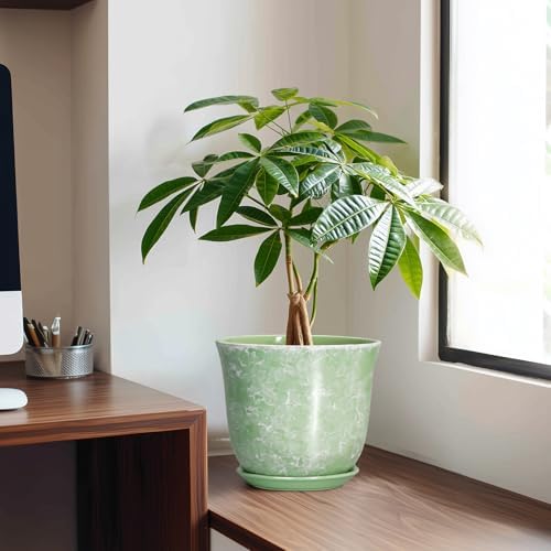 Ceramic Planter - 8 Inch Plant Pot for Indoor Outdoor, Round Flower Pots with Drainage Hole and Saucer, Modern Decorative Planters, Home Office Desk Decor, Gifts for Plant Lovers, Green - Image 3