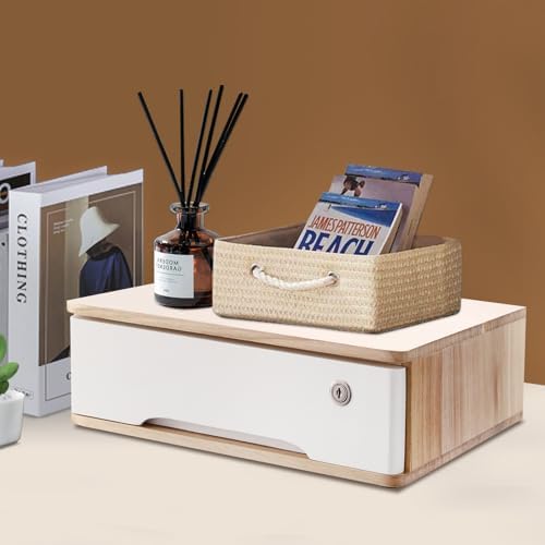1-Tier Desktop Storage Box with Lockable Drawer, Wooden Desk Organizer for Office Supplies, Flat File Cabinet, Minimalist Design for Home & Office Use(Original Wood+White) - Image 4