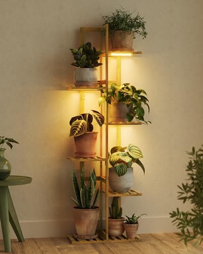 Bamworld Bamboo Plant Stand with Grow Light, 6 Tiered Plant Shelf 48 Inch by Bamworld