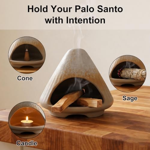 CEREMONY Palo Santo Holder -Mini Ceramic Incense Holder for Palo Santo and Sticks - White Sage Holder for Meditation Decor Ceremony Incense with Glass Grey Collector (Grey-Mount Fuji) - Image 5