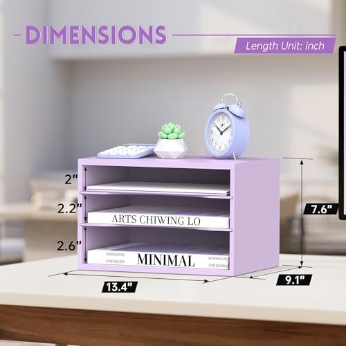 3 Tier Wood Desk Organizer, Paper Organizer for Desk, Purple - Image 3