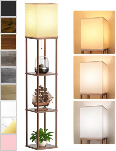 Floor Lamp with Shelves for Living Room Walnut Brown, Shelf Floor Lamp with 3 CCT LED Bulb, Corner Display Standing Column Lamp Etagere Organizer Tower Nightstand with White Linen Shade for Bedroom by PARTPHONER