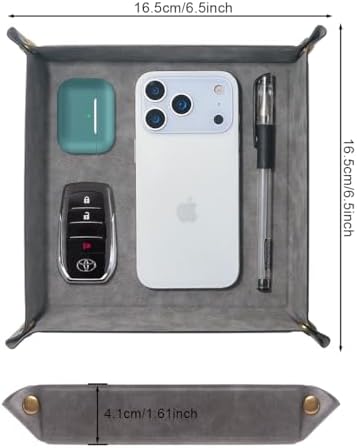 Valet Tray Desktop Storage Organizer – Premium PU Leather Catchall Bedside Vanity Tray Nightstand Caddy Holder for Remote Controller, Keys, Phone, Wallet, Coin, Jewelry,Grey - Image 2