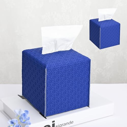 HOMOTEK 2 Pack Tissue Box Cover, Square PU Leather Tissue Holder, Decorative Facial Tissue Cube Paper Organizer Dispenser for Bathroom, Night Stands, Desk, Car 5X5X5'' - Rattan Weave,Blue by HOMOTEK