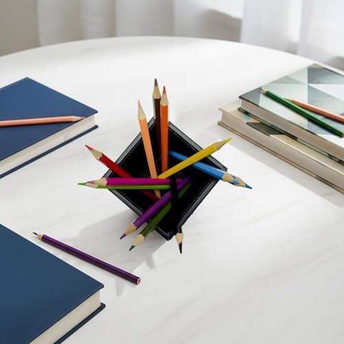 UnionBasic Square Pen Holder, Leather Pencil Cup, Desktop Caddy Stationery Organizer, Black - Image 4