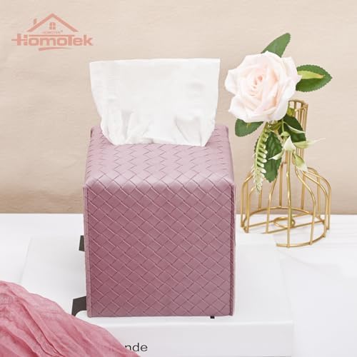 HOMOTEK 1 Pack Tissue Box Cover, Square PU Leather Tissue Holder, Decorative Facial Tissue Cube Paper Organizer Dispenser for Bathroom, Night Stands, Desk, Car 5X5X5'' - Woven Waffle,Plum Red - Image 4