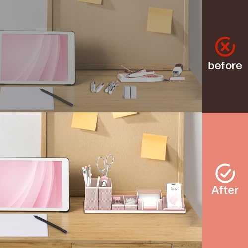 Pen Holder for Desk, 6-Piece Mesh Desk Organizer with Phone Holder, Pink - Image 5