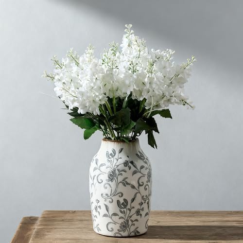 SIDUCAL Ceramic Vintage Vase, 7 Inch Retro Ice Cracked Chinoiserie Floral Vase, Rustic Farmhouse Vases for Home Decor, Bookshelf, Office, Garden, Chinoiserie Decor, Tuscan Decor, Gray Floral Pattern by SIDUCAL