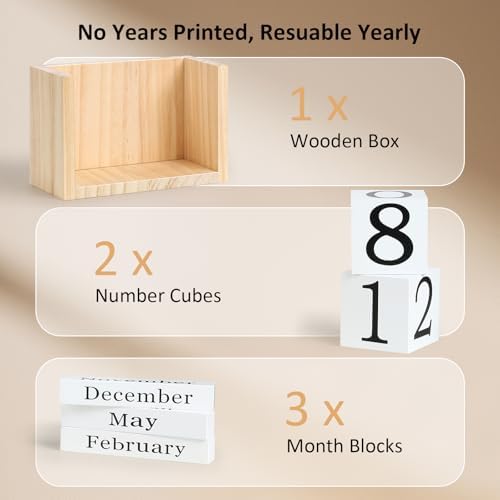 Wooden Block Calendar for Desk, Large Size Daily Desktop Perpetual Desk Calendar, Cute Date Display Desk Accessories for Home Office Decor, Teacher, Classroom, Reusable Yearly, Wood Grain - Image 4