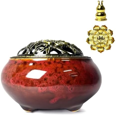 Ceramic Incense Burner, Bowl Burner,Cone Incense Burner with Brass lid for use with Stick or Cone-Shaped Incense，Lotus Incense Stick Holder Calabash Incense Stick Holder, 3pc (Fambe Red) by X%26Y+Life
