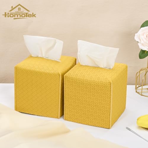 HOMOTEK 2 Pack Tissue Box Cover, Square PU Leather Tissue Holder, Decorative Facial Tissue Cube Paper Organizer Dispenser for Bathroom, Night Stands, Desk, Car 5X5X5'' - Woven Waffle,Mango Yellow - Image 6