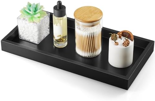 ALELION 13" Bathroom Vanity Tray for Counter - Black Wood Tray for Toilet Tank Makeup Perfume Jewelry Catchall Coffee Table - Wooden Kitchen Countertop Organizer for Soap Dispenser by ALELION