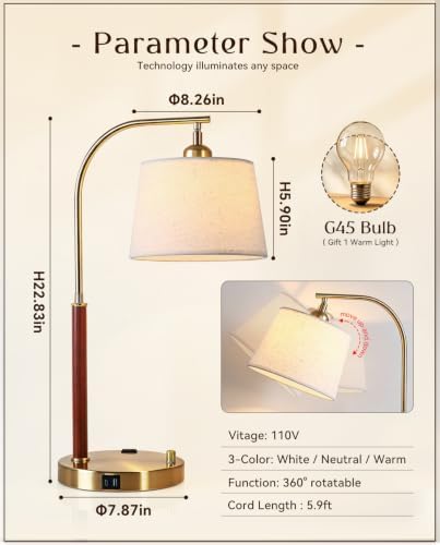 Vintage Table Lamp with USB Ports & AC Outlet, Solid Wood Desk Lamp - Image 5