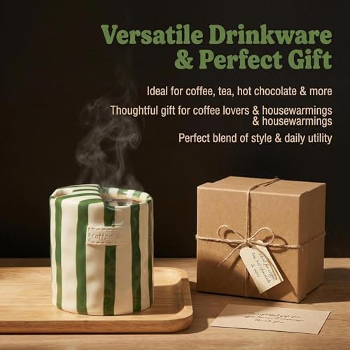 Novelty Ceramic Coffee Mug Designed to Look Like a Gift Box, 10oz Retro Hand-Painted Ceramic Travel Mug (Brown Stripes) - Image 3