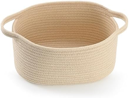 Woven Cotton Rope Storage Basket with Handle, Round Home Storage Basket for Home Organization and Gift Organizer, Home Organizer, Bedroom, Living Room, 12 x 8 x 5 Inch (Beige) by Unknown