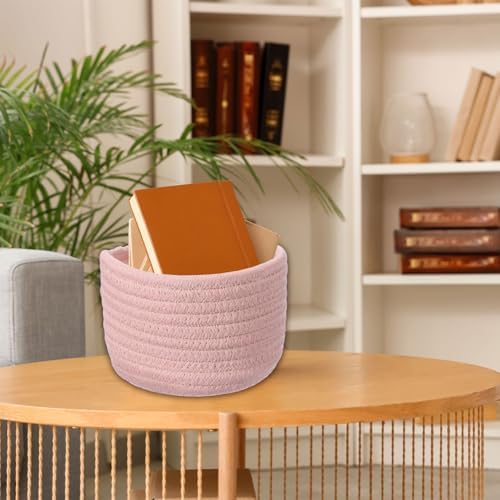 uxcell Pink Small Cotton Rope Woven Storage Basket, Shelf Closet Storage Gift Woven Baskets Cute Nursery Box Bin Decor Organization Bin for Home Supply, Round, 5.6x3.6 - Image 7
